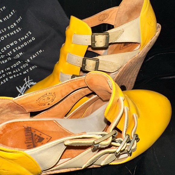 John Fluevog Vintage Yellow Leather And Cork Pindown Farrah High Heel Shoes Sz 7 - Picture 4 of 10